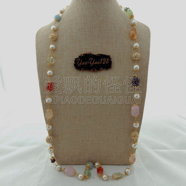 N011417 40'' Sea Shell Pearl Rose Crystal Stone Necklace