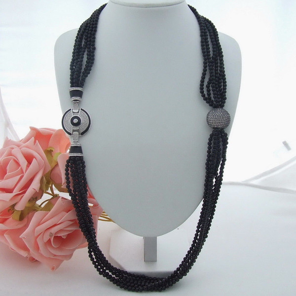 N061503 42'' 6 Strands Black Onyx Long Necklace CZ Clasp