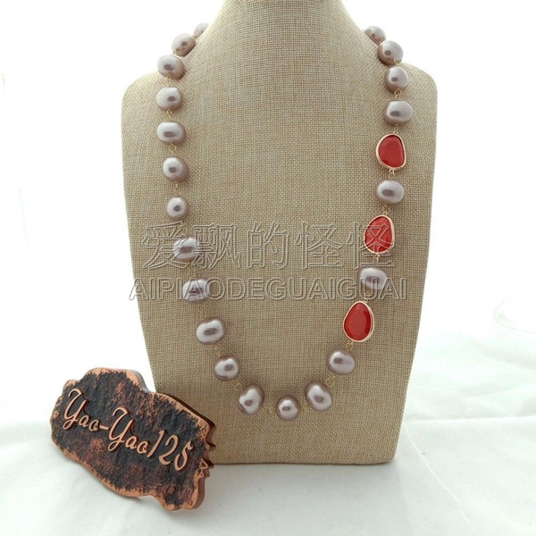 N073008 30'' Purple Sea Shell Pearl Red Crystal Necklace