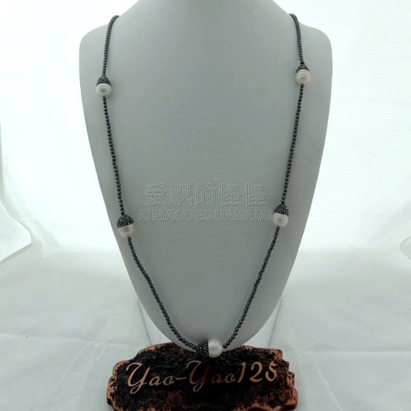 N041513 35'' Hematite White Keshi Pearl Long Necklace