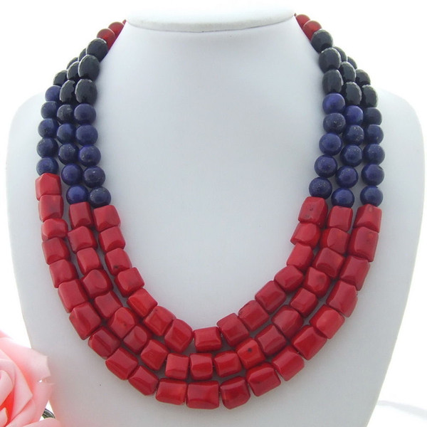 N102308 3 Strands 19'' Onyx Red Coral Lapis Necklace