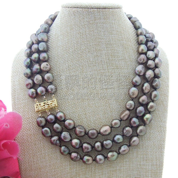 N013028 18'' 3 Strands 13mm Brown Baroque Pearl Necklace