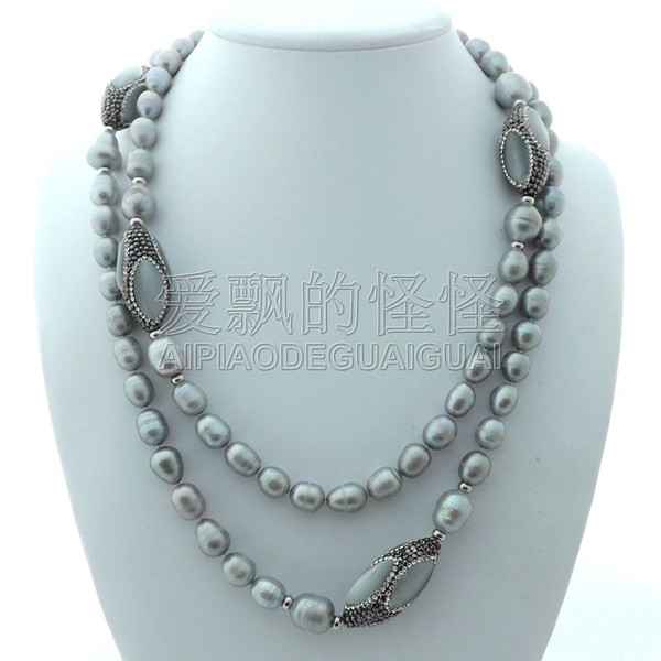 N070183 48'' Gray Rice Pearl White Cats Eye Necklace