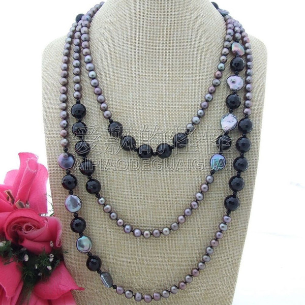 N120807 80'' Black Coin Pearl Pearl Onyx Necklace