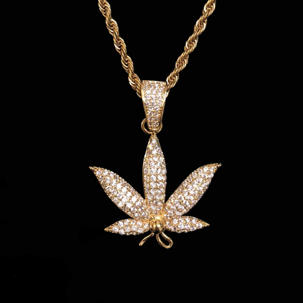 Leaf Necklace & Pendant With Rope Chain Gold Silver Color Cubic Zircon Men's Womens Hip hop Jewelry