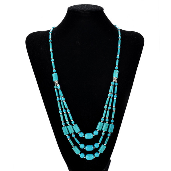 Boho Style Blue Turquoise Stone Beaded Necklace Handmade Three Layers Green Howlite Beads Long Statement Necklaces Jeweley