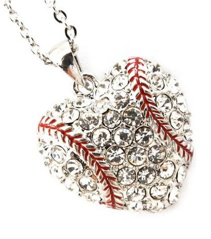 26mm*28mm Fashion Sports Jewelry 50pcs a lot Rhodium Plated Rhinestone Heart Baseball or Softball Pendant Necklace