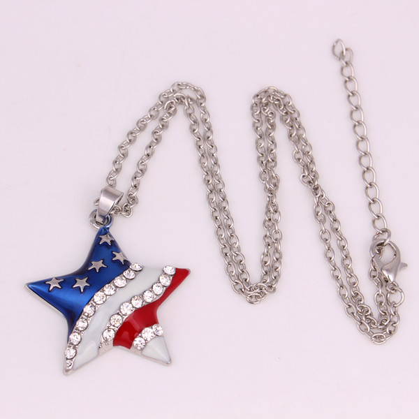 Free Shipping 50pcs A Lot Trendy Fashion Jewelry Enamel American Flag Star With Clear Crystal Stones Pendant Necklaces For Women