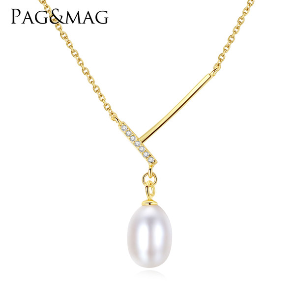 PAG&MAG Brand New Arrival Simple Design 925 Silver Chain 7-8mm Natural Freshwater Rice Pearl Pendant For Women Jewelry Gift