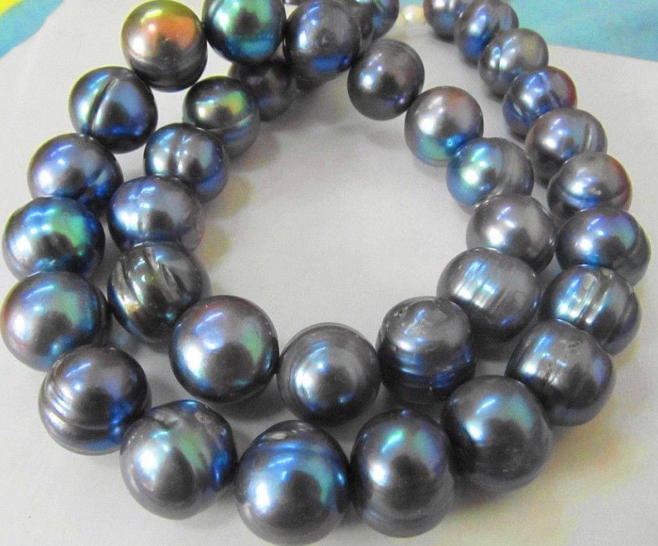 NEW FINE PEARL JEWELRY RARE TAHITIAN 12-13MMSOUTH SEA BLACK BLUE PEARL NECKLACE 19inch 14K