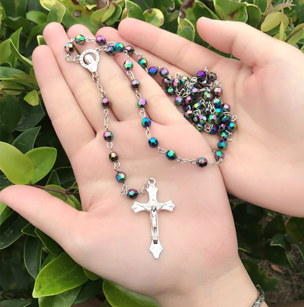 Religious Jewelry The Colorful AB Crystal Beads Holy Catholic Rosary Crucifix Cross Pendant Rosary Necklace Easter Christmas Gifts