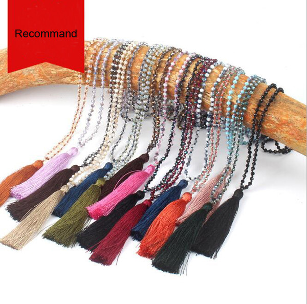 JLN Glass Crystal Mala Necklace Handmade Knot Faceted Roundelle Crystal Long Tassel Buddhism Meditation Necklace For Women Gift