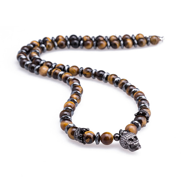 Natural Tigereye Stone Skull Necklaces&Pendants For Men's Beaded Hematite Necklace Men Necklace Punk Hip Hop Personality Jewelry