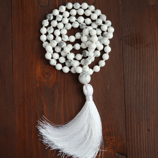 Knotted Necklaces 108 Natural Stone White Howlite Necklace White Long Necklace Hand Knotted Tassel Necklaces Mala Yoga