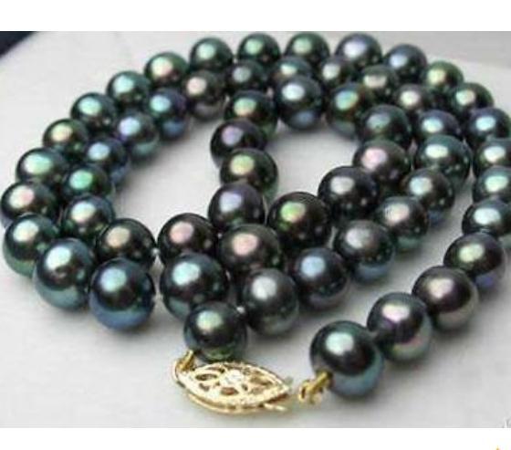 Gorgeous 10-11mm Natural Tahitian Black Green Pearl Necklace 18inch 14k Gold Clasp