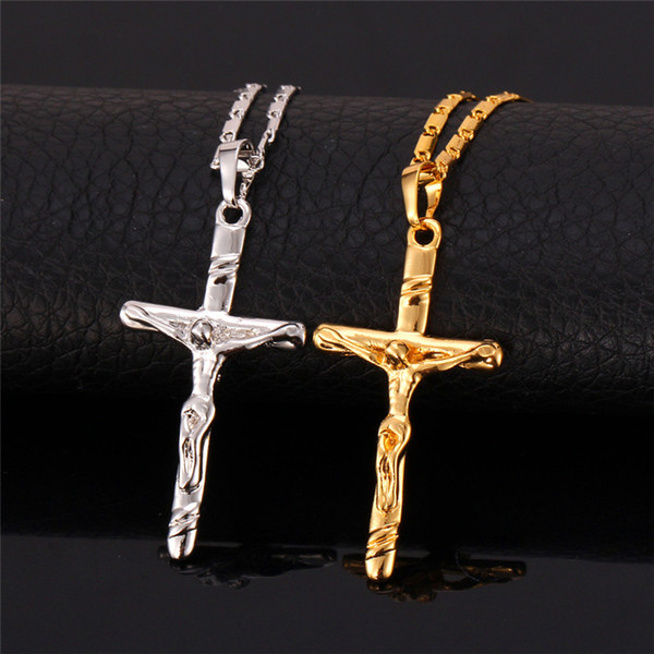 New 18K Real Gold Plated Saint Cross Crucifix Jesus Necklace Pendant Religious Chain Jewelry Gift for Women Men