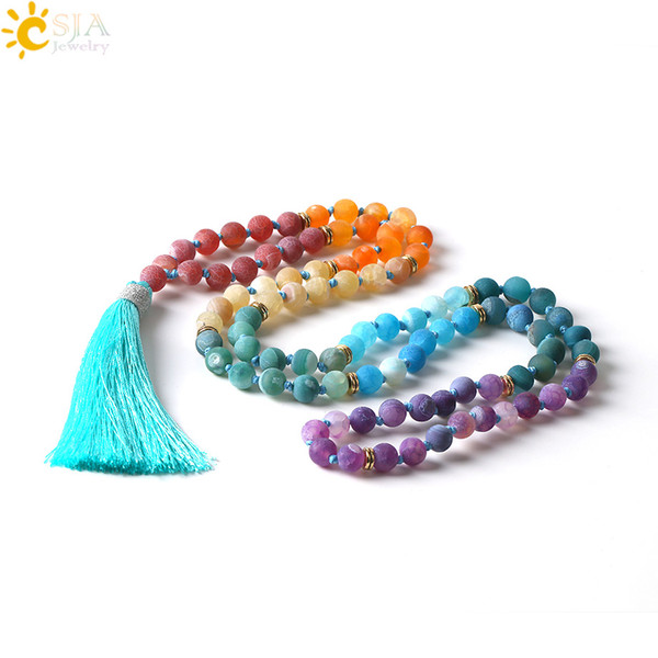 CSJA 7 Chakra Long Necklace 8mm Natural Gemstone Mala Beads Tassel Necklaces & Pendants Jewelry Fashion Jewellery Bijoux 2017 Gifts E493