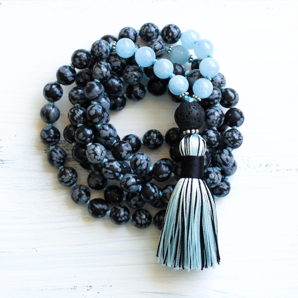 108 Mala Beads Necklace Snowflake Aquamarine Mala Necklaces Japa Mala Prayer Beads Tassel Necklace Yoga Jewelry Knotted Necklaces