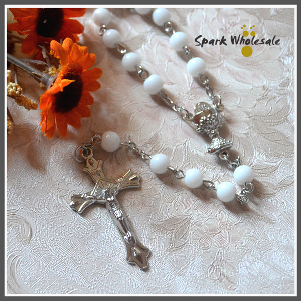 Holy Religious Rosary 6mm White Glass Rosary Necklace Chalice Centerpiece Catholic Children's Conmmunion Baptism Favors