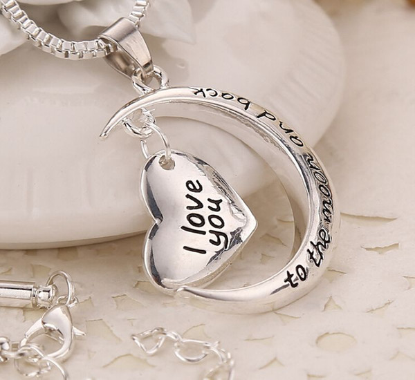 MIC 10pcs Europe and America New Antique silver & Silver Plated Crescent Moon Heart Charm I Love You to the Moon And Back Necklace