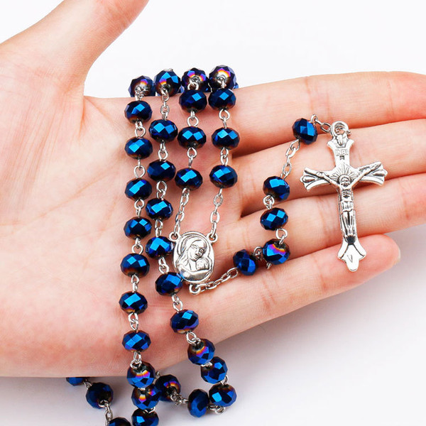 Glass Bead Catholic Rosary Necklace Religious Father Dark Blue Beads Holy Soil Inside Centerpiece Maxi Strand Necklace