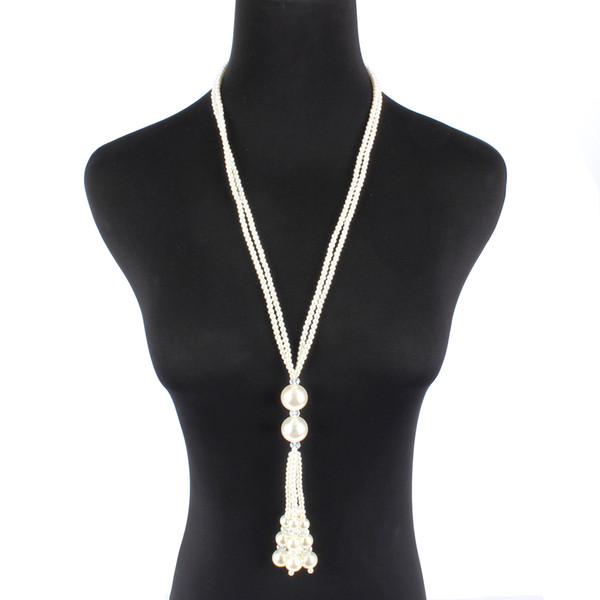 Retro Pearl pendant necklace long wool chain classic women necklace dress accessories A089