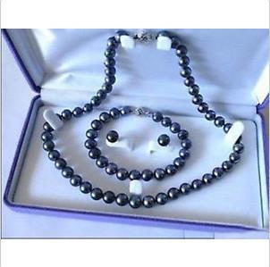 2016 new hot sell 9-10mm SOUTH SEA AAA Black Pearl Necklace Bracelet Earring Set