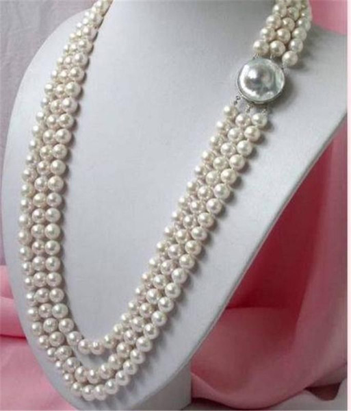 Free Shipping >>>> Details about NEW 3 ROWS 8-9MM white AA+ SOUTH SEA pearl necklace 17-19