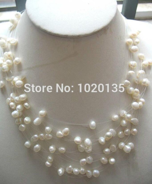 15rows freshwater pearl white baroue 6-8mm necklace 16-19inch nature beads FPP