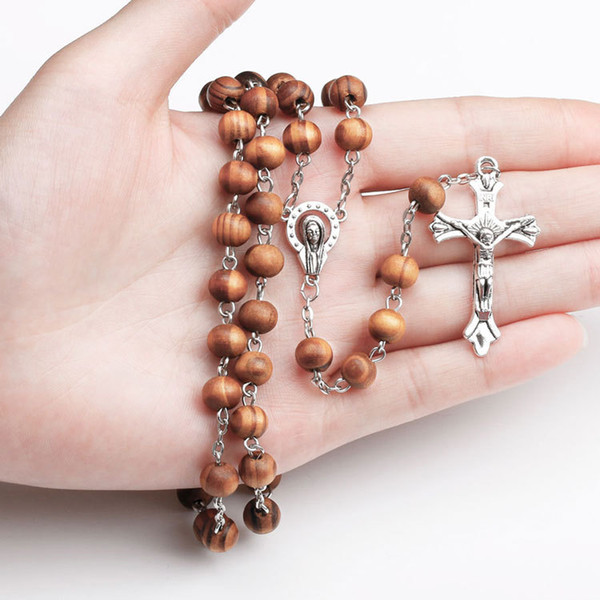 High Quality Fashion Rosary Wood Beads Jesus Cross Necklace Virgin Mary Pendant Long Chain For Women Men Prayer Catholic Jewelry