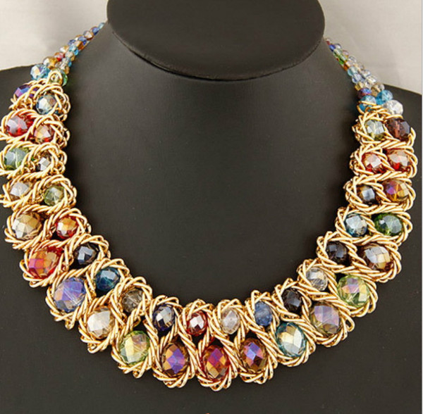 New beaded faceted glass stones statement necklace AB finish free shipping