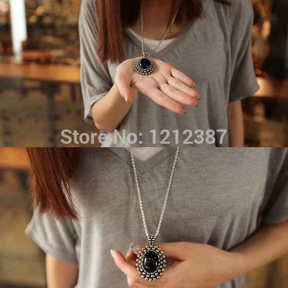 Fashion Retro Silver Ellipse Black Jewlery Girls Long Sweater Necklace HB88