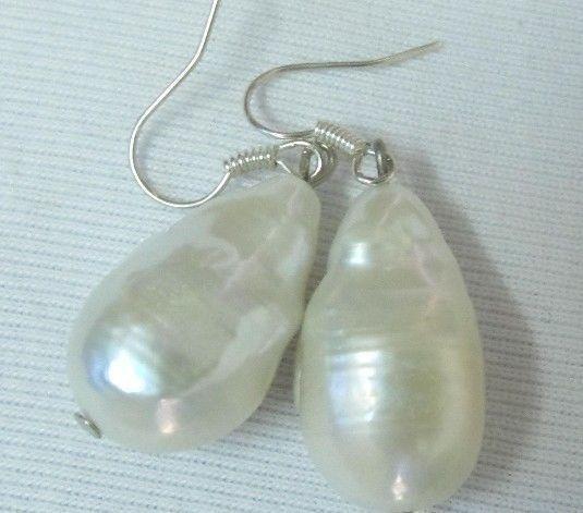 PAIR 11-13mm Genuine huge SOUTH SEA BAROQUE WHITE PEARL EARRINGS 925S