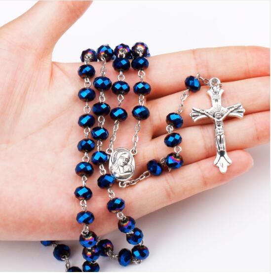 Dark Blue Bead Catholic Rosary Necklace Religious Father Beads Holy Soil Inside Centerpiece Maxi Strand Necklace