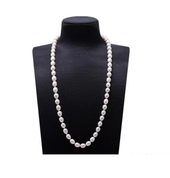 FREE SHIPPING 10-11mm white rice shaped freshwater pearl necklace