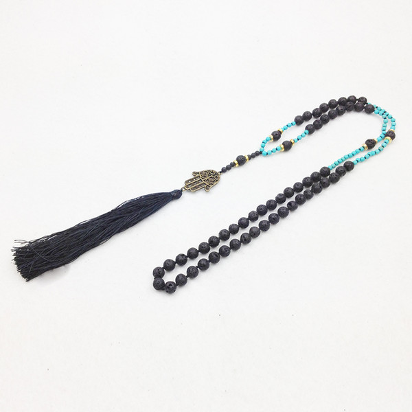 ST0251 Protective Hamsa Hand Mala Necklace Black Lava Stone Beads Tassel Boho Necklace Fashion Necklaces