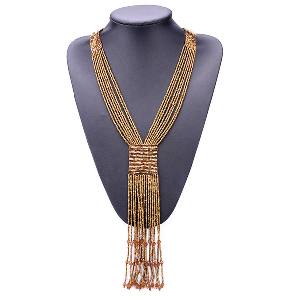 DC78 Fashion 7Colors Temperament Wild Bead Hand-woven Necklace Jewelry Bohemian Long Section Tassel Necklace for Women