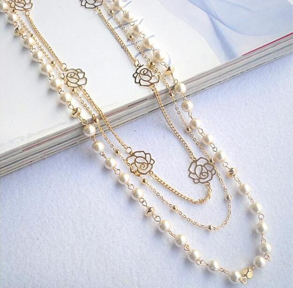 Pearl Necklace Rose golden Hollow Rose Flower Necklace Long Chain Necklaces Fashion Jewelry for Women Party Gift