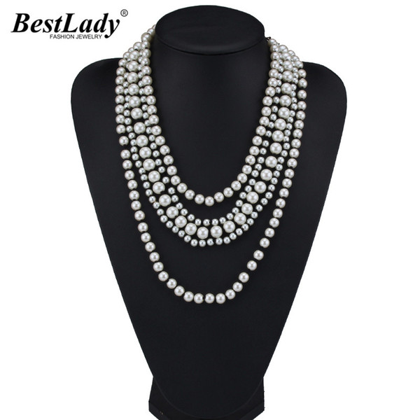 Best lady Fashion Jewelry Layer Long Necklace & Pendant Simulated Pearl Statement Necklace Women Boho Wedding Party Charm 4317