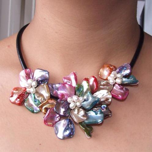 New Arrive Christmas Jewelry ! 18inch AA4-20MM Multicolor Shell Mop Flower Freshwater Pearl Necklace