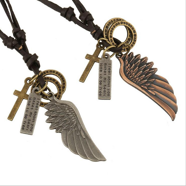 3 Colors Men Vintage Angel Feather Eagle Wing Cross Leather Chain Necklace Pendant Gift