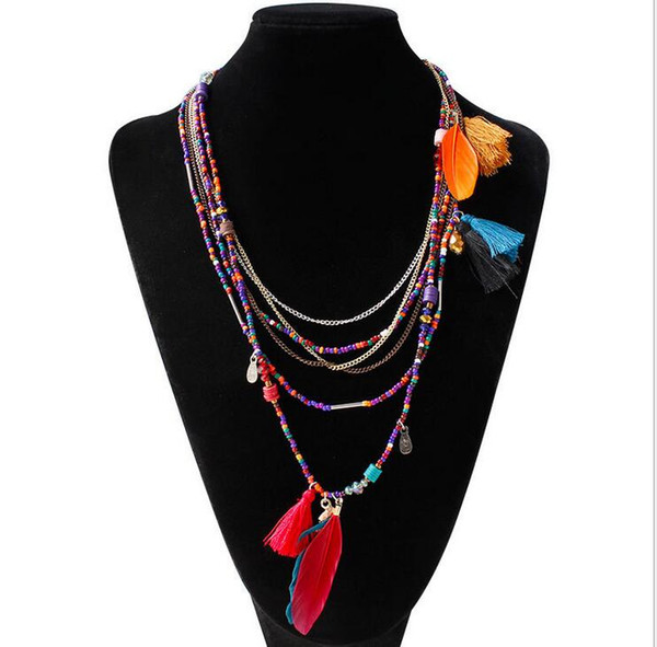 Multicolor Feather Small Beads Chain Necklace Bohemia Fine Jewelry Fashion Metal Chain Resin Pendant Necklaces Women 5 colors