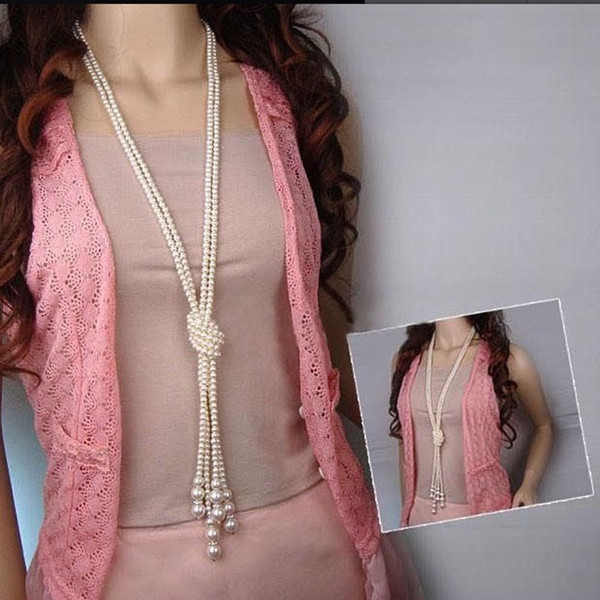 Fashion Freshwater Pearl White Drop Pearl Necklace Beaded Long Chain Rope Bead Necklaces & Pendants Long Sweater Chain