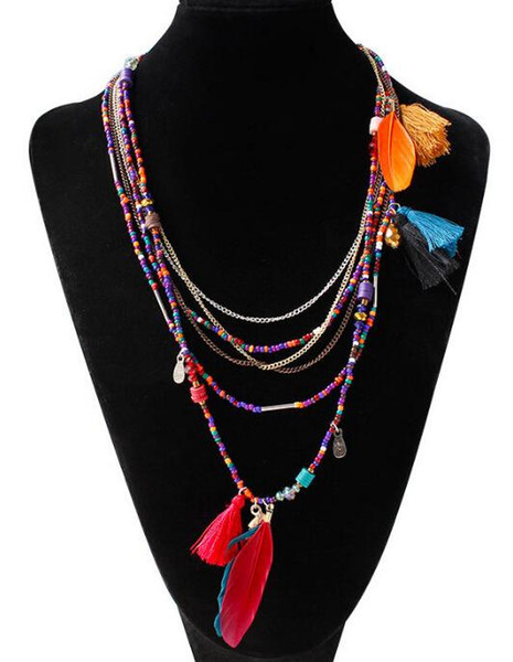 2018 Bohemia Multi Color Feather Necklaces Beads Long Chain Necklace Statement Necklace For Women Collares Gift 5 Colors