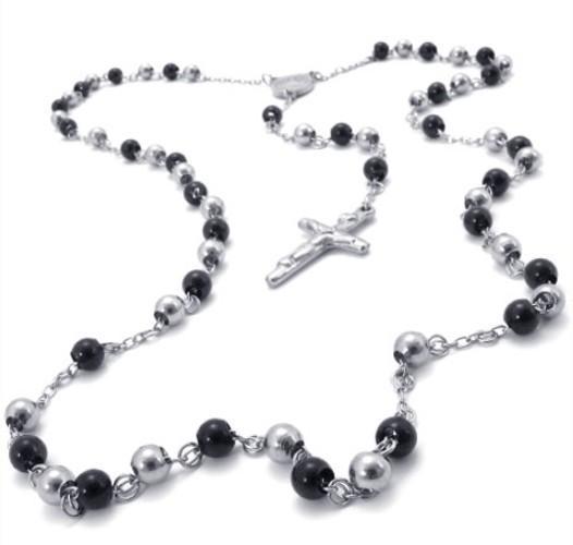 New Arrival 316L Stainless Steel Handmade 6MM Black Plating Rosary Beads Saint Ball Chain 28 inches Necklace With Jesus Cross