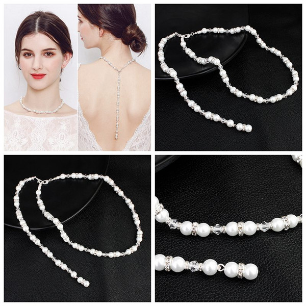 Bride Necklace Pearl Back Drop Necklaces Wedding Bridal Jewelry Rhinestone Diamond Silver Beaded Necklaces Bridal Accessories