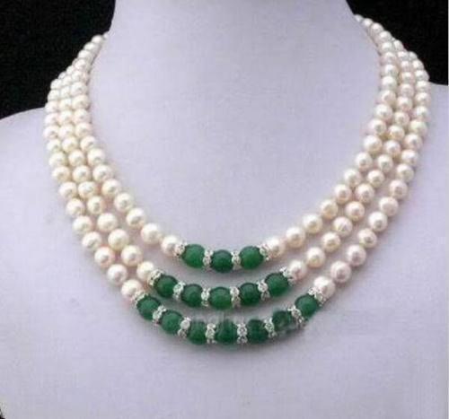 Triple strands AAA 7-8mm green jade+South Sea white Pearl Necklace