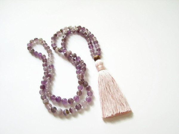 ST0207 Natural Purple Amethyst Mala Beads Tassel Necklace Buddhist Prayer Bead Necklace 108 Prayer Beads Jewelry