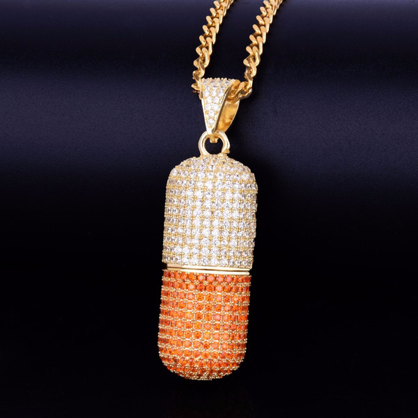 Colorful Pil Bottle shape Necklace & Pendant Free Cuban Chain Gold Color Cubic Zircon Men's Hip Hop Jewelry For Gift Openable