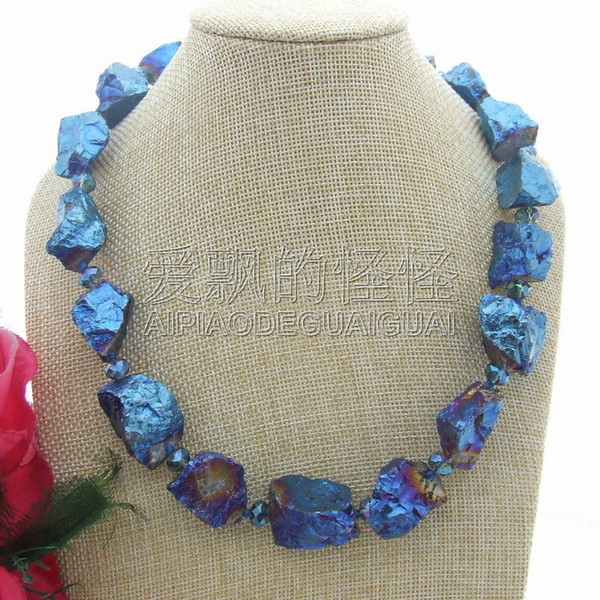 N052210 Blue Titanium Quartz Rough Nugget Crystal Necklace